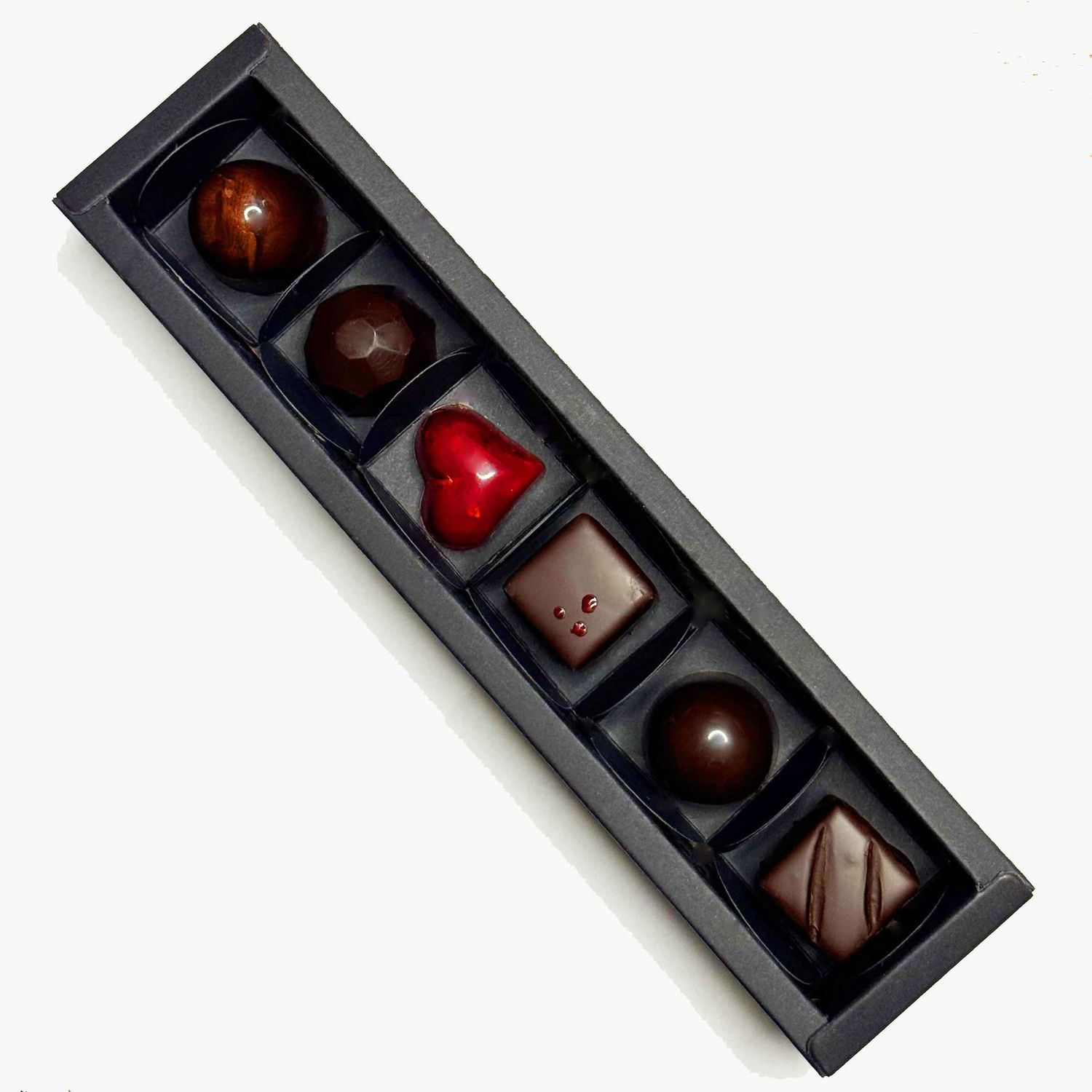Valentine's Gift box of 6 Artisan Chocolates - beautiful handmade chocolates made with only the best chocolate and fillings - no preservatives, so flavours are vibrant and real