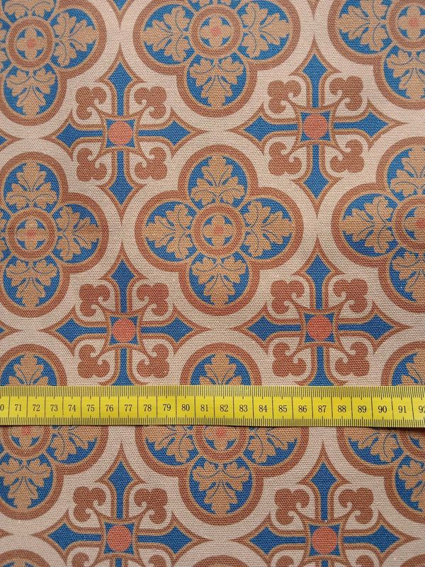 Halbpanama, Meterware, sand-braun-navy, Baumwollstoff, 160cm breit, Muster "Herrenhaus", Farbstellung "Allure hell", tan, Fliesenmuster, für Dirndl, Taschen, Kissen, Hosen