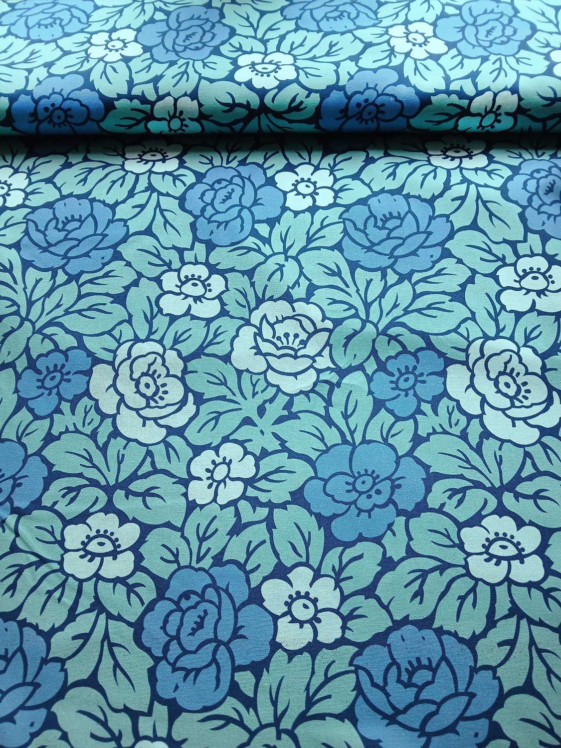 Halbpanama, Meterware, Baumwollstoff, Rosenmuster, Jugendstil, navy/blau/aqua/wasserblau, zweifarbige Blüten, Kissen, Tischdecken, Taschen, Hosen