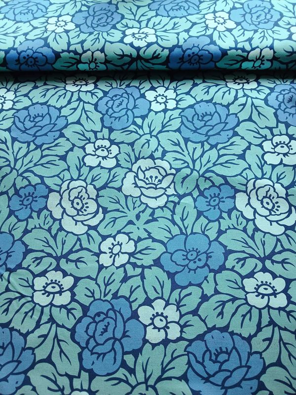 Halbpanama, Meterware, Baumwollstoff, Rosenmuster, Jugendstil, navy/blau/aqua/wasserblau, zweifarbige Blüten, Kissen, Tischdecken, Taschen, Hosen