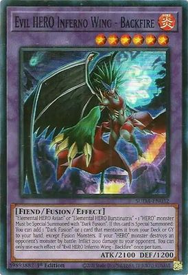 Evil HERO Inferno Wing - Backfire - Supreme Darkness (SUDA) Super Rare *Espanol*