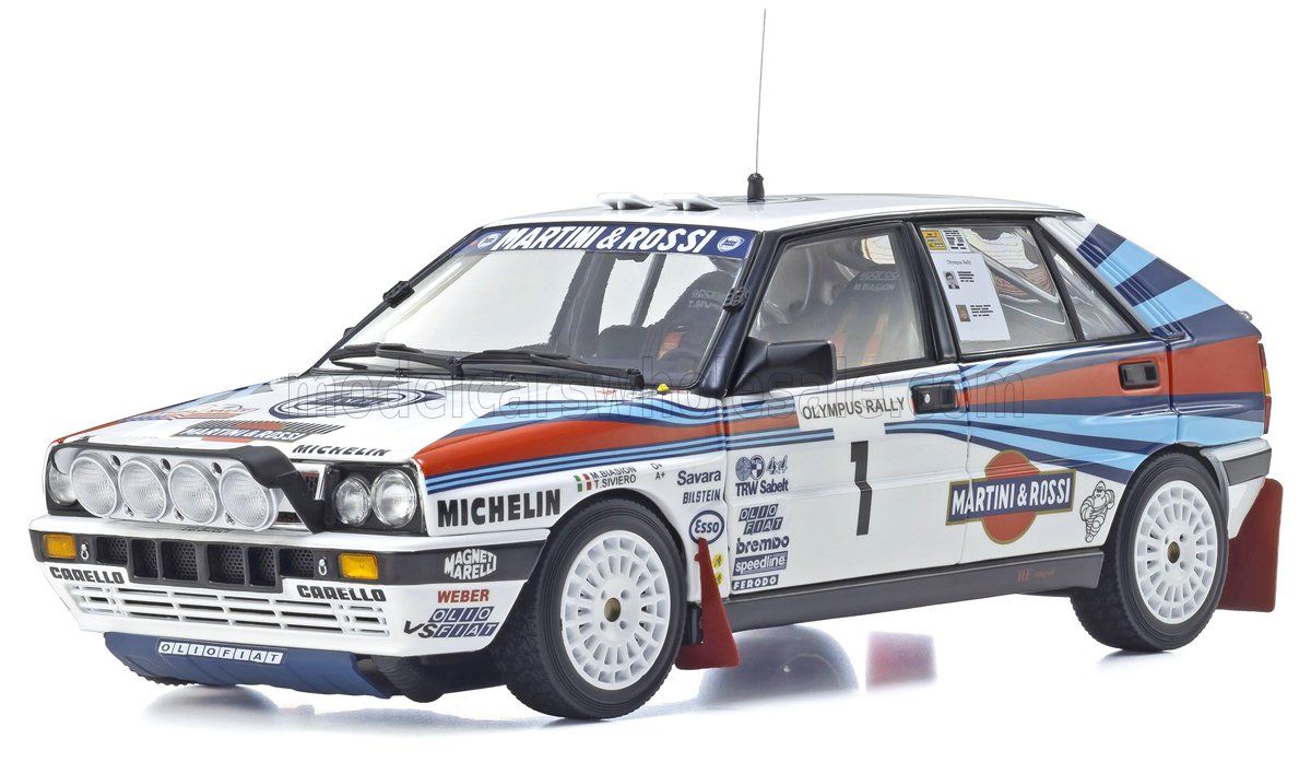 1:18 Kyosho - Lancia Delta HF Integrale 8V Martini #1 Winner Rally Olympus 1988 M. Biasion - T. Siviero