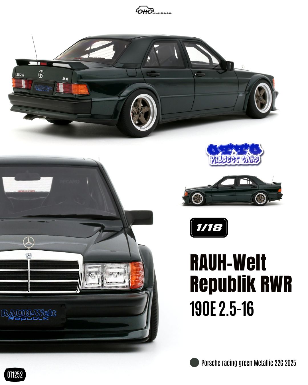 1:18 Otto Mobile - 2025 Mercedes-Benz 190E 2.5-16V Porsche Racing RWB Green Metallic