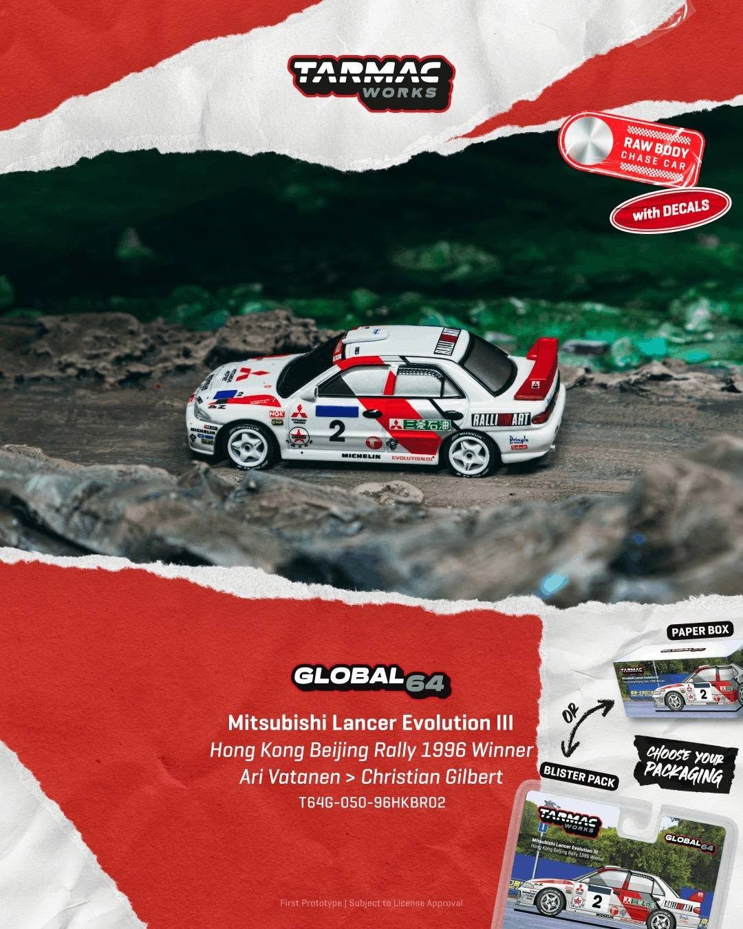 1:64 Tarmac - 1996 Mitsubishi Lancer EVO III #2 Ari Vatanen/Christian Gilbert Hong Kong Beijing Rally Winner *Blister*