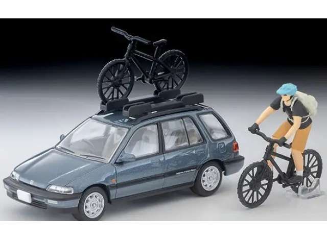 1:64 Tomica Limited Vintage - 1990 Honda Civic Shuttle RT X with Figure and Mountain Bike, blue