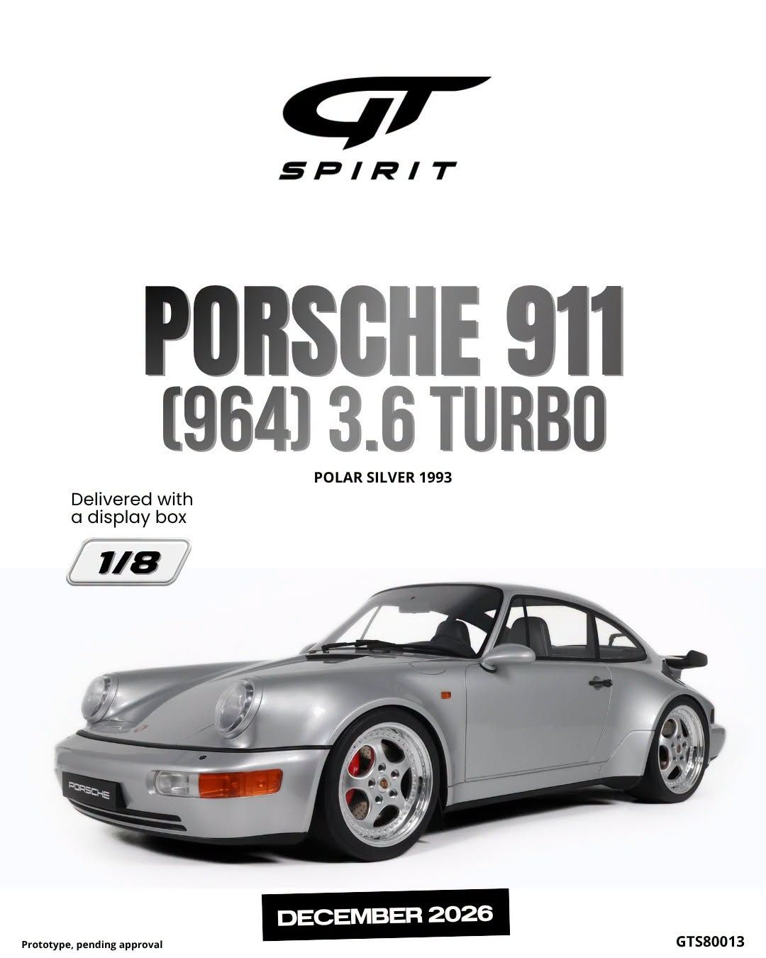 1:8 GT Spirit - 1993 Porsche 911 (964) 3.6 Turbo Coupe Silver *with Showcase*