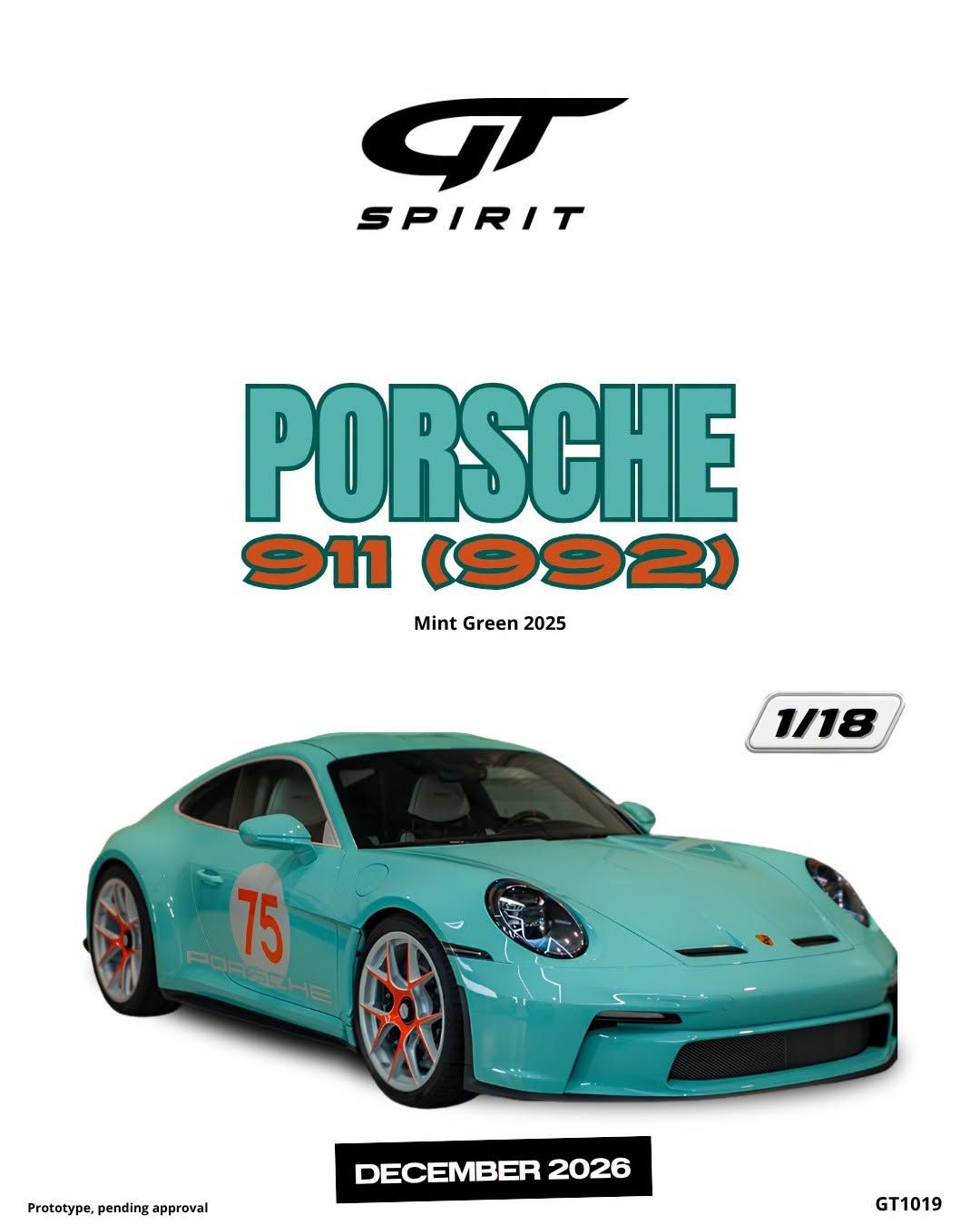 1:18 GT Spirit - 2025 Porsche 911 (992.2) Coupe #75 Mint Green 1:18 GT Spirit - 2025 Porsche 911 (992.2) Coupe #75 Mint Green