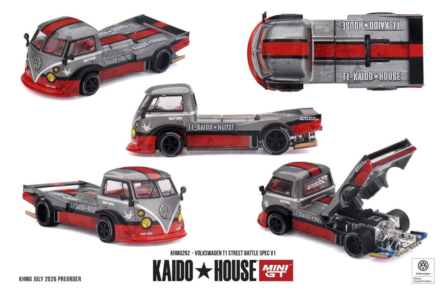 1:64 Mini GT - 1972 Volkswagen T1 Pickup Street Battle Spec V1, grey/red 1:64 Mini GT - 1972 Volkswagen T1 Pickup Street Battle Spec V1, grey/red