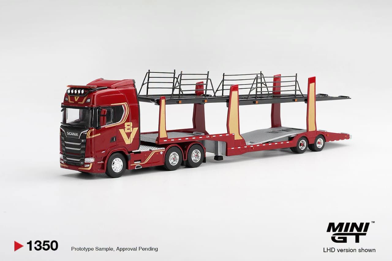 1:64 Mini GT - Scania 770S A6x4NA Car Transporter V8 *50th Anniersary* with car transporter, red (LHD)
