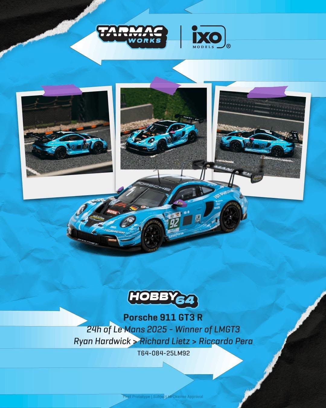 1:64 Tarmac - 2025 Porsche 991 (992) GT3 R #92 Ryan Hardwick 24h of Le Mans CAT Winner