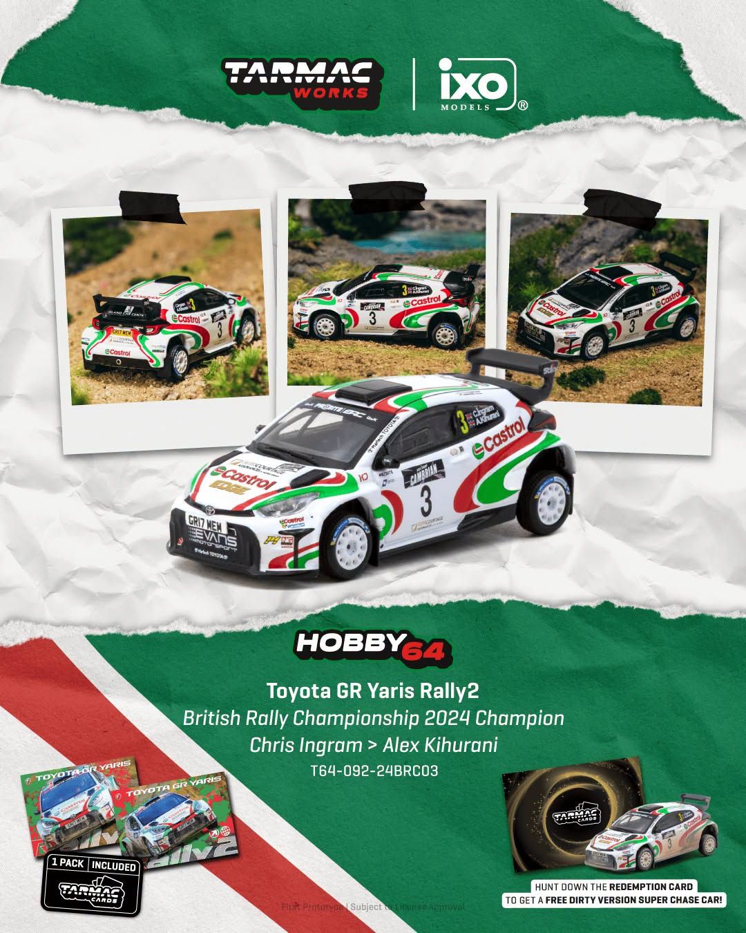 1:64 Tarmac - 2024 Toyota Yaris GR Rally1 Hybrid #3 Chris Ingram British Rally Championship Champion *Tarmac Cards*