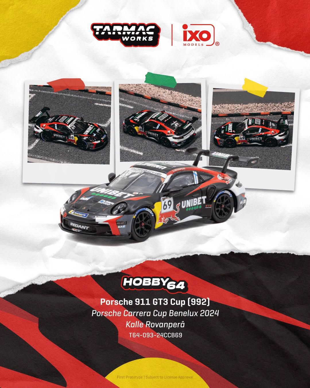 1:64 Tarmac - 2024 Porsche 911 GT3 Cup (992) #69 Kalle Rovanpera Porsche Carrera CUP Benelux 1:64 Tarmac - 2024 Porsche 911 GT3 Cup (992) #69 Kalle Rovanpera Porsche Carrera CUP Benelux