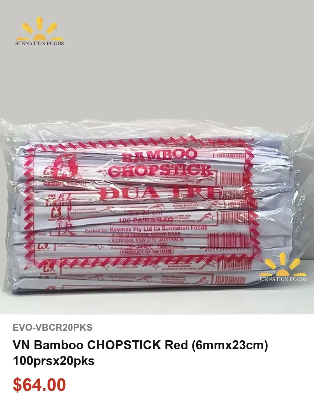 VN Bamboo CHOPSTICK Red (6mmx23cm) 100prsx20pks