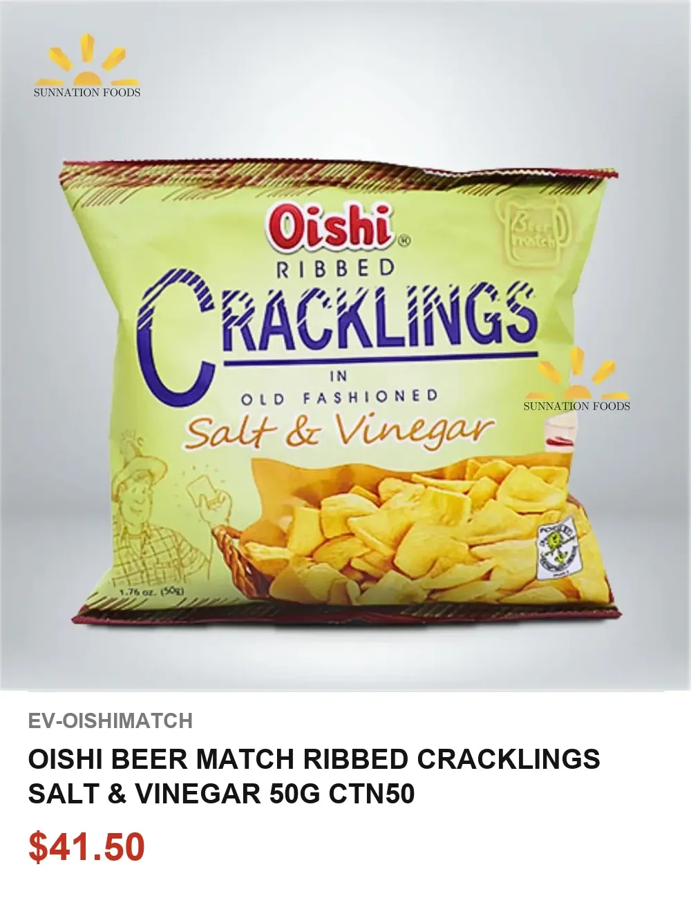 OISHI BEER MATCH RIBBED CRACKLINGS SALT &amp; VINEGAR 50G CTN50