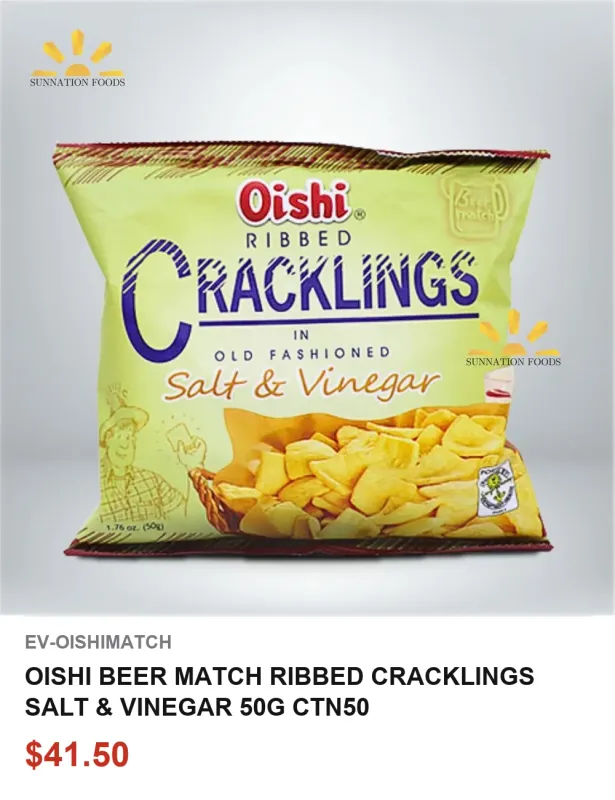 OISHI BEER MATCH RIBBED CRACKLINGS SALT &amp; VINEGAR 50G CTN50