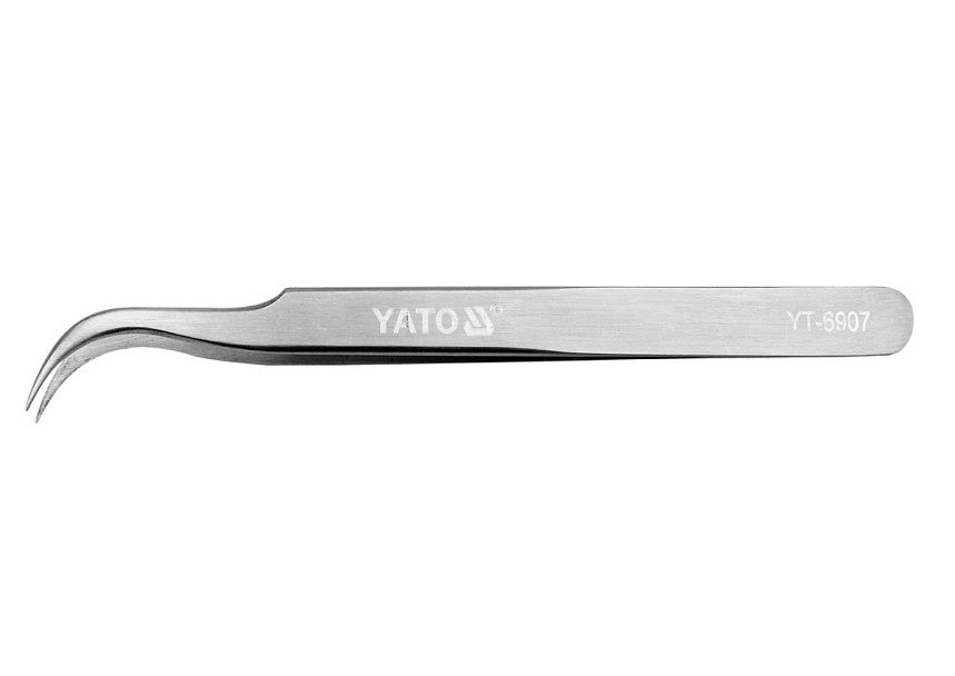 Pincete tehniskā 120mm, ar izliektiem, gludiem galiem (bez zobiem), YATO YT-6907