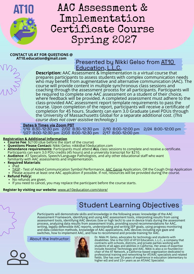 AAC Assessment & Implementation Certificate - Spring 2027 - Virtual, Begins 1/19/2027 AAC Assessment & Implementation Certificate - Spring 2027 - Virtual, Begins 1/19/2027