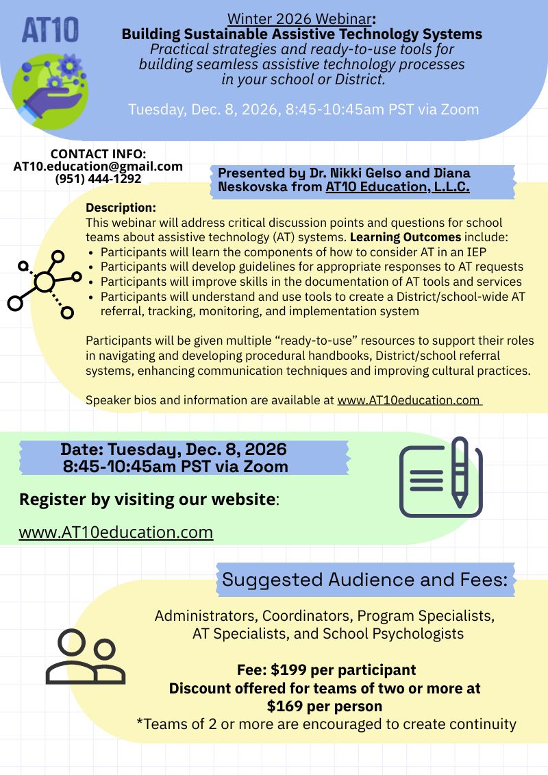 Webinar - Building Sustainable Assistive Technology Systems - Tuesday, 12/8/2026, 8:45-10:45am PST via Zoom