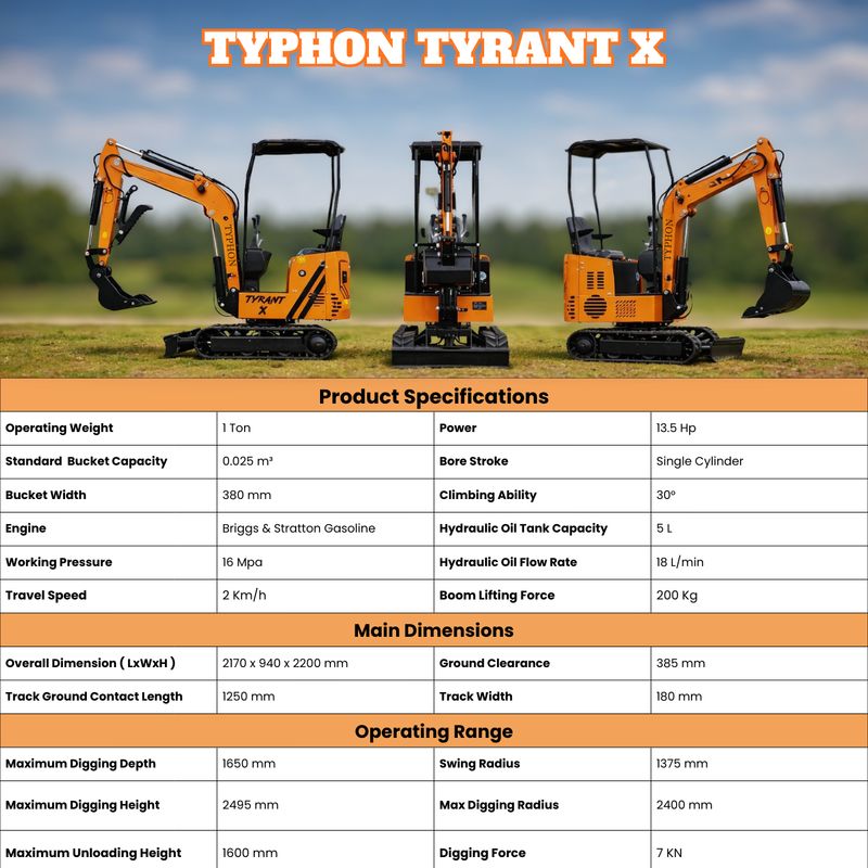 Top Compact & Mini Excavator Diggers- TYPHON Machinery Typhon Tyrant X 1 Ton Mini Excavator with 13.5HP Briggs & Stratton Engine, Hydraulic Oil Cooler & Thumb Clip