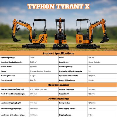 Typhon Tyrant X 1 Ton Mini Excavator with 13.5HP Briggs &amp; Stratton Engine, Hydraulic Oil Cooler &amp; Thumb Clip