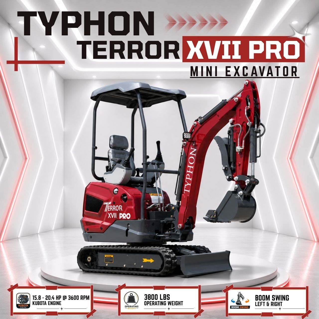 TYPHON TERROR XVII PRO 3800 lbs Mini Excavator Kubota Diesel, Hydraulic Thumb, Dozer Blade & Boom Swing