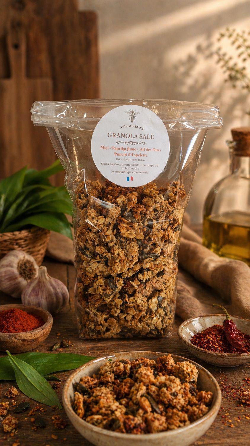 GRANOLA SALE MIEL-PAPRIKA FUME-AIL DES OURS-PIMENT D'ESPELETTE