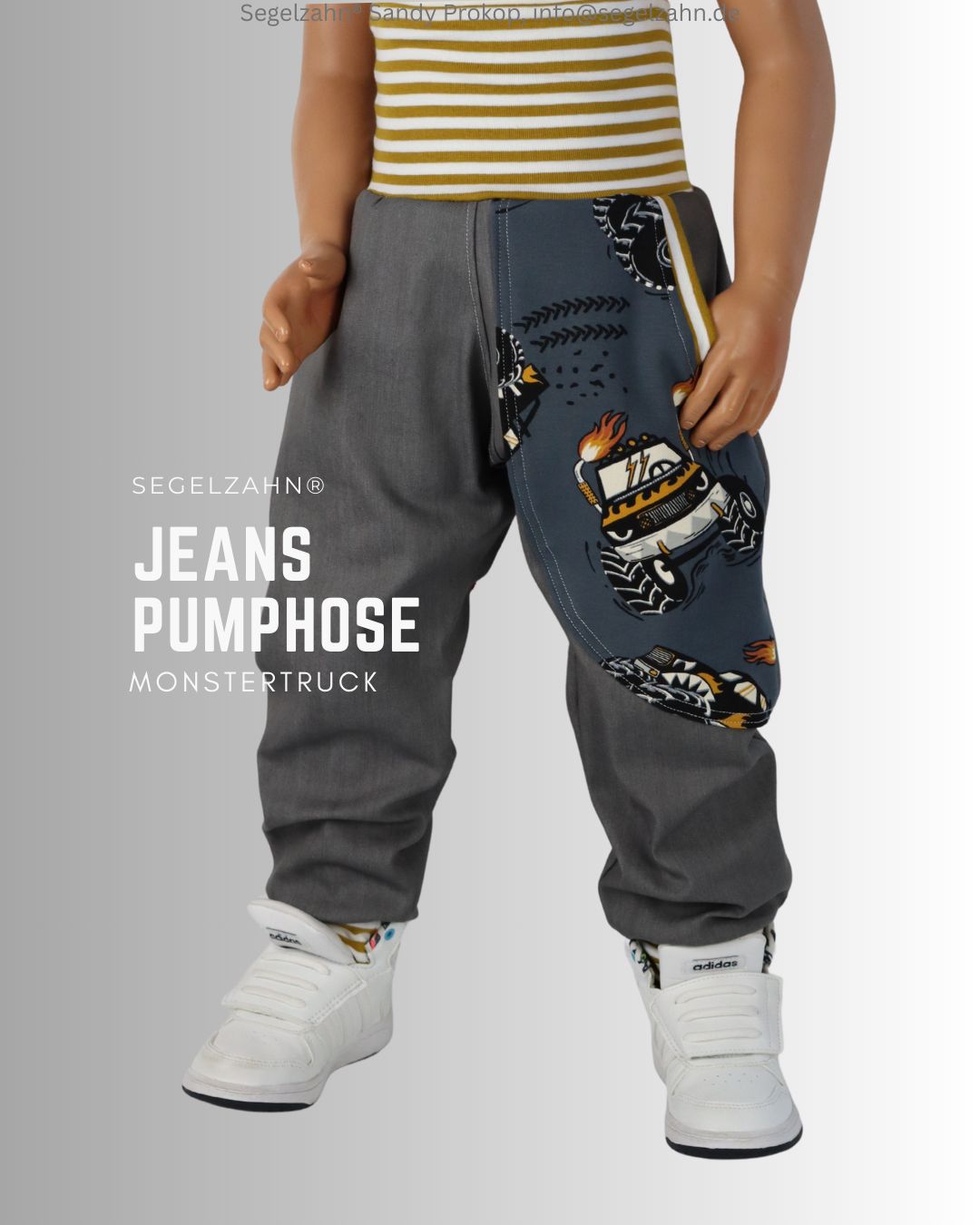Jeans Hose Kinder grau, Pumphose Denim Jeansstoff mit Seitentasche grau Monstertruckmotiv und Softbündchen zum Mitwachsen in 