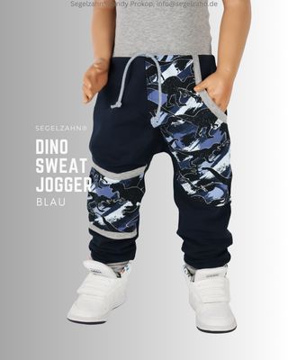 Sweat Hose Kinder Dino Blau, Slim Fit Jogger Unisex Kinderhose Sweat Hose Kinder Blau, Slim Fit Jogger mit Dino Seitentasche, passendem Kniepatch , Dekobändern und Softbündchen zum Mitwach