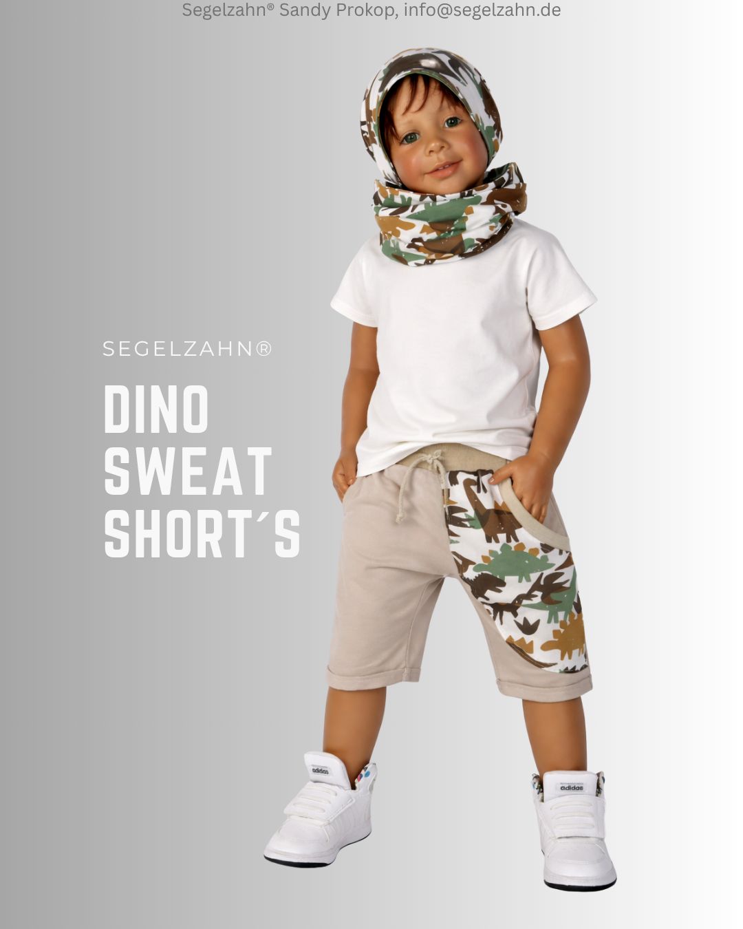 Dino Sweat Shorts Kinder, beige Sommerhose Unisex mit Dino Seitentasche, Dekobändern und Softbündchen in Beige