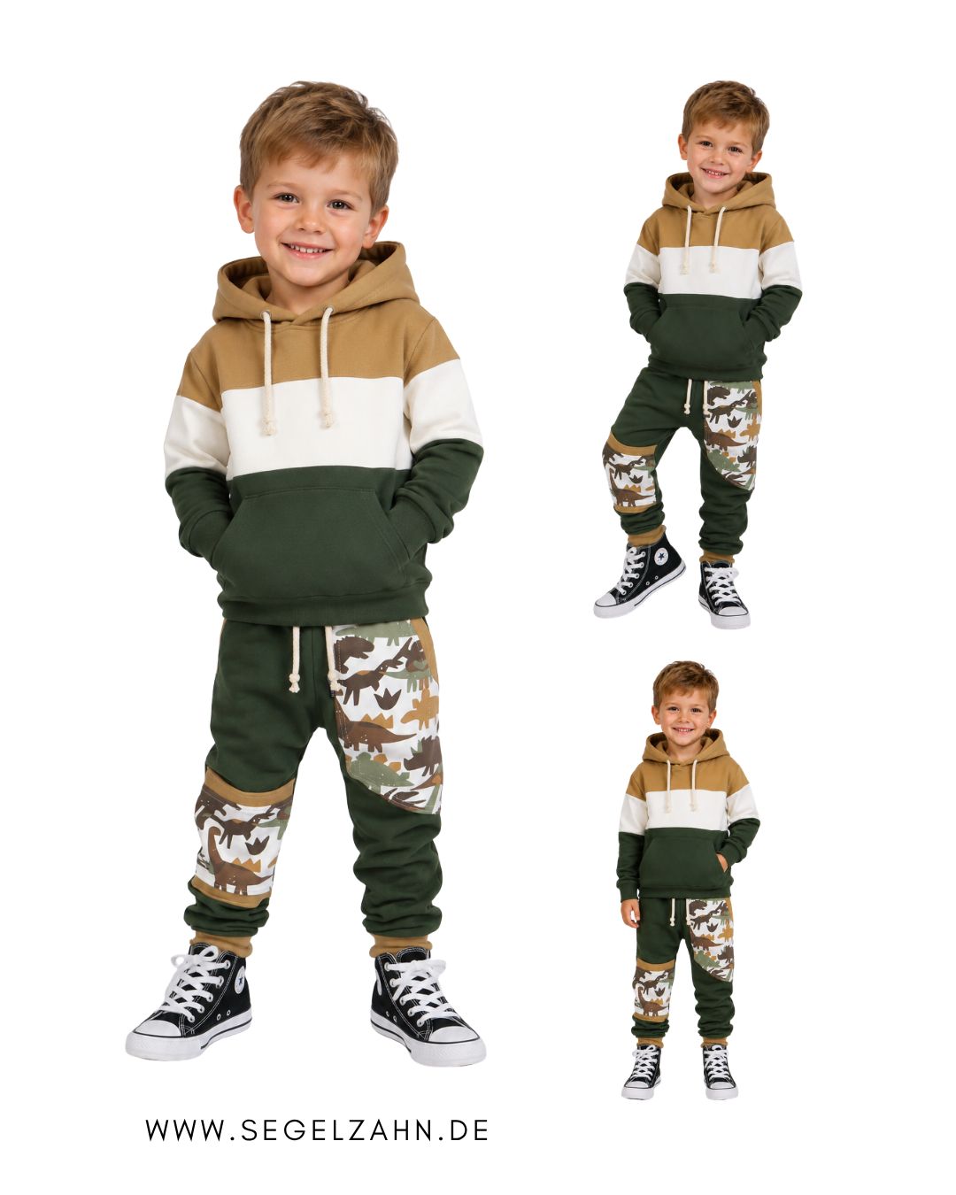 Dino Sweat Hose Kinder | Khaki Olive Dinosaurier | Unisex Jogginghose | Junge Mädchen | Slim Fit Jogger | Segelzahn Kinderkleidung | Hosen Slim Fit Sweat Hose Kinder, Unisex Jogginghose in Khaki Olive mit cooler Dino Seitentasche, passendem Kniepatch, Dekobändern