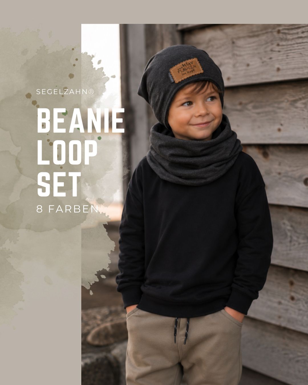 Beanie Loop Set Kinder 8 Farben | personalisierbar | mit Spruch | Kindermütze Schal Unisex | gefüttert Fleece oder ungefüttert | Kindermütze Beanie Loop Set Kinder, eichfarbig schlichtes Basic Set für jungen und mädchen, personalisierbar und gefüttert oder ungefütte