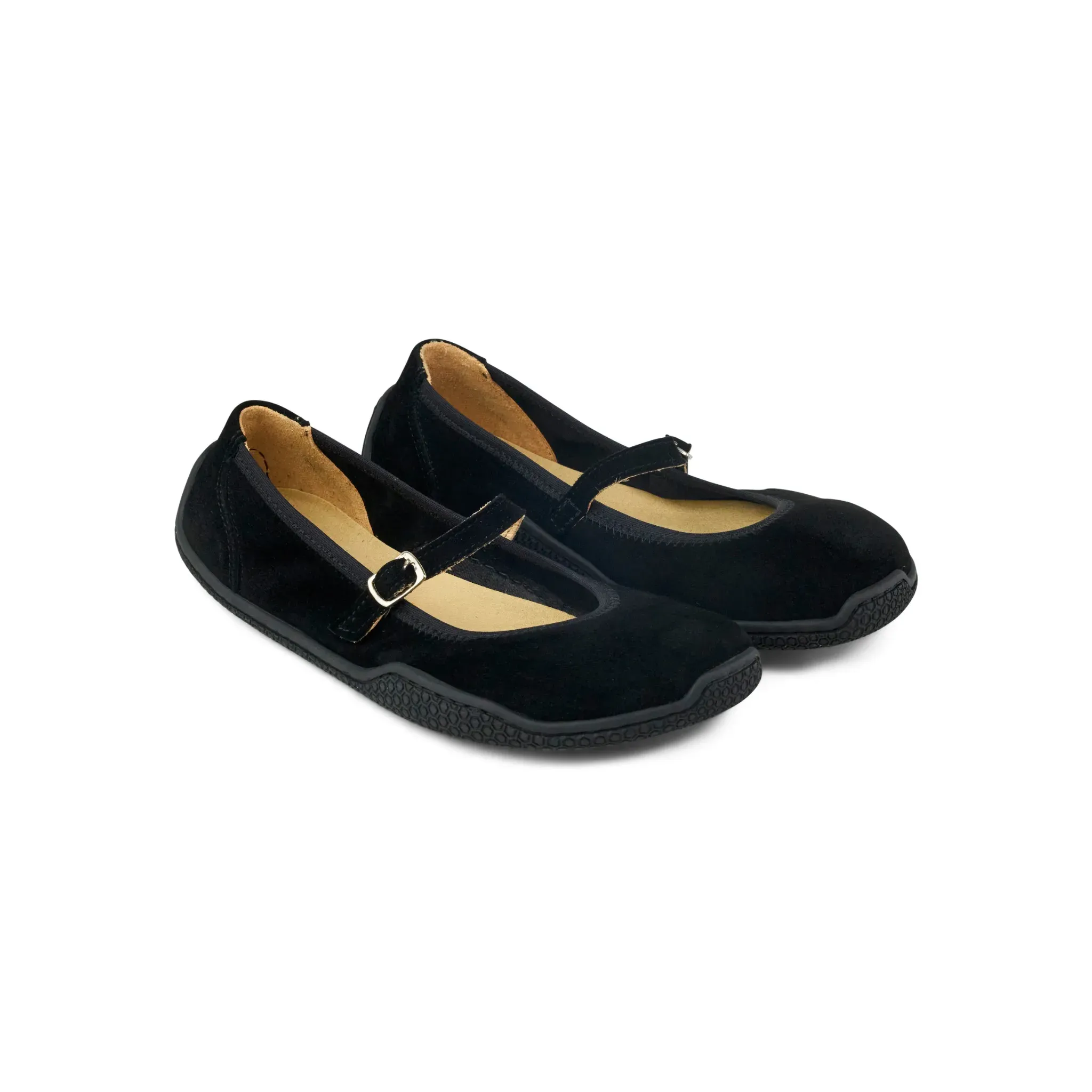 KOEL Valeria II Suede Black Barfuß-Ballerina aus schwarzem Veloursleder mit flexiblem Riemen und natürlicher Zehenform.