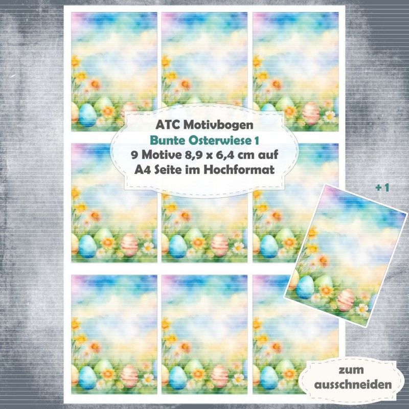 Bunte Osterwiese 1 - ATC Motivbogen - A4 Querformat - 1 Seite mit 9 Motiven