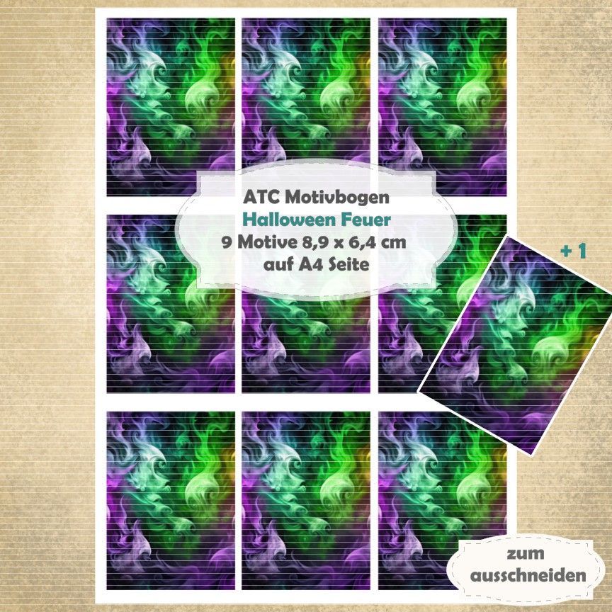Halloween Feuer - ATC Motivbogen - A4 - 1 Seite mit 9 Motiven Halloween Feuer - ATC Motivbogen - A4 - 1 Seite mit 9 Motiven