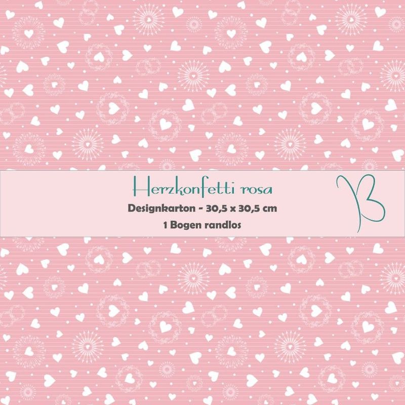 Herzkonfetti rosa - Designkarton - 30,5 x 30,5 cm - randlos - 1 Bogen