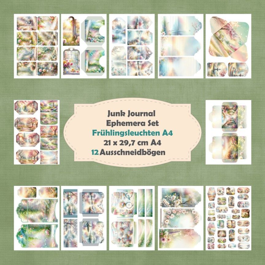 Frühlingsleuchten A4 - Ephemera Set - Ausschneidebögen - Junk Journal - A4 -  12 Seiten