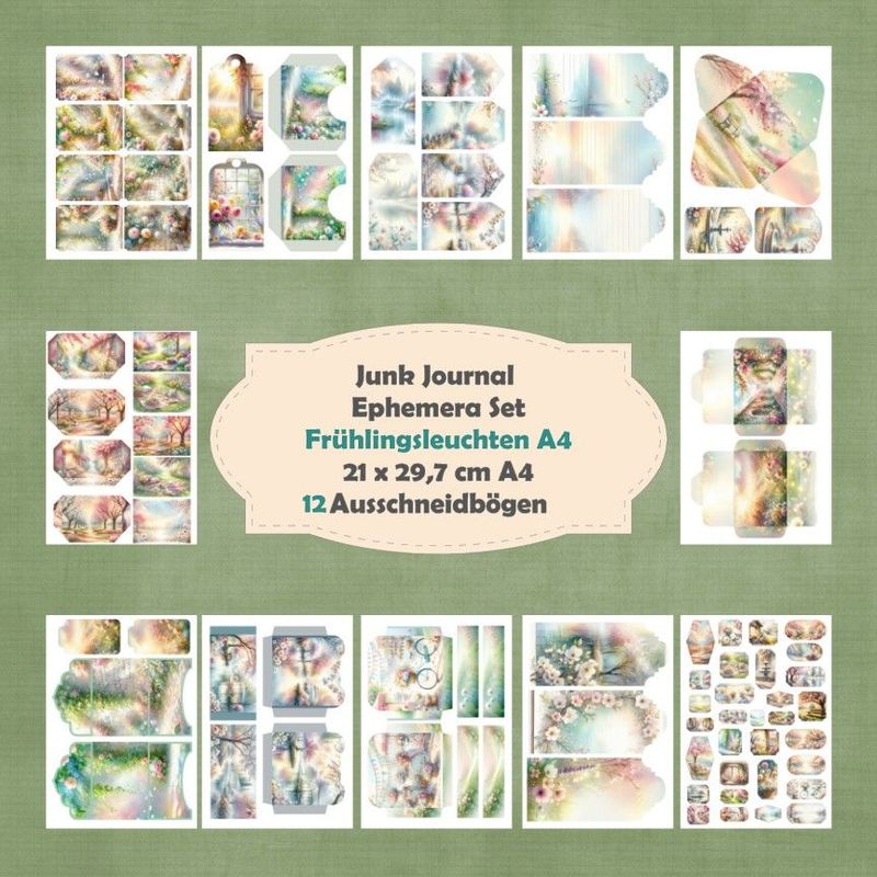 Frühlingsleuchten A4 - Ephemera Set - Ausschneidebögen - Junk Journal - A4 -  12 Seiten