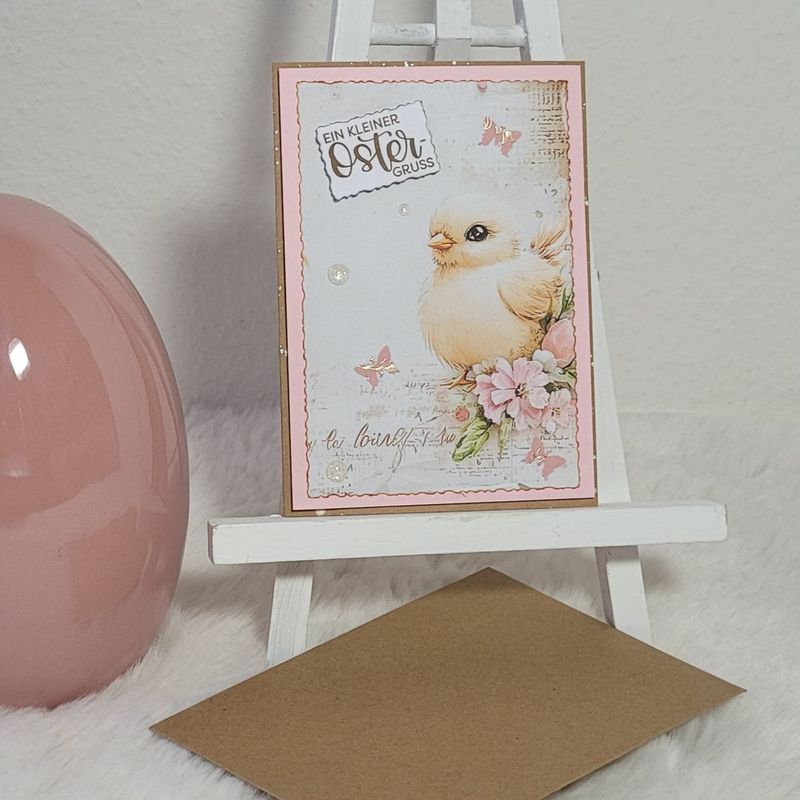 Oster Grußkarte 2 - Küken mit Blüten und Schmetterlingen - A6