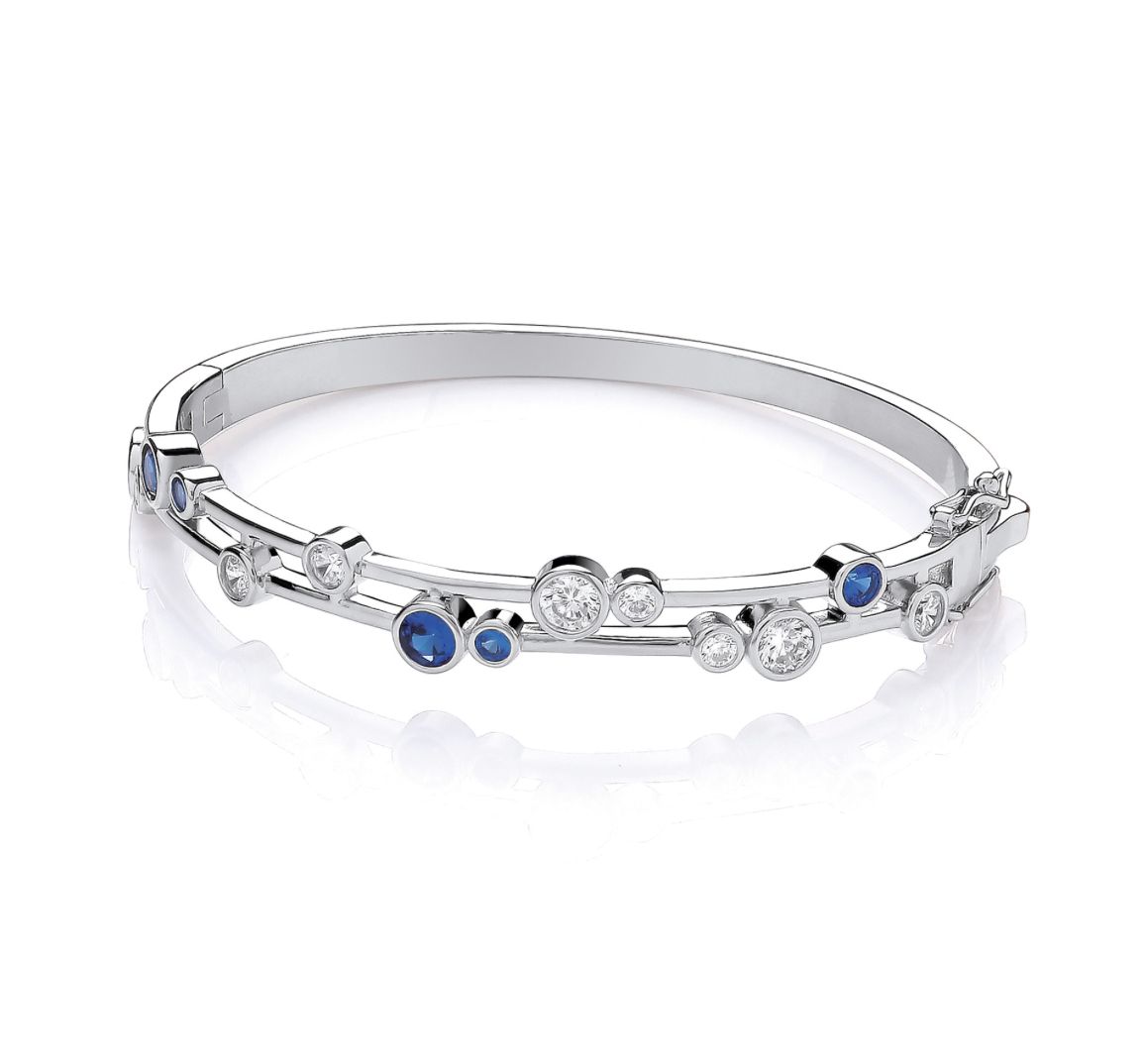 Ladies Silver White and Blue Cubic Zirconia Bubble Bangle