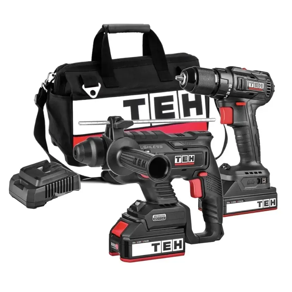 TEH LH220 &amp; LD105 20V Brushless SDS Rotary Hammer and Combi Drill kit, black and red tools with battery and carry bag.