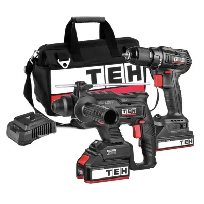 TEH LH220 &amp; LD105 20V Brushless SDS Rotary Hammer and Combi Drill kit, black and red tools with battery and carry bag.