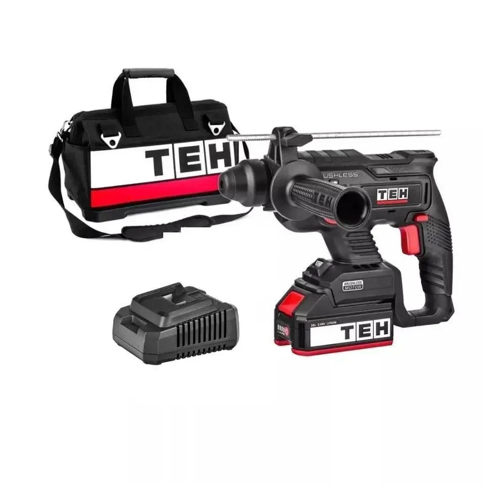 TEH LH220 20V brushless SDS rotary hammer drill kit with 4Ah battery, drill, hammer, chisel, and carrying bag.