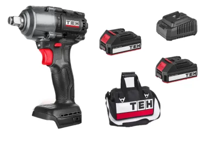 TEH LW500N 20V brushless impact wrench with 1/2" drive, two 2Ah batteries, and carry bag. Black and red TEH branded power tool kit.