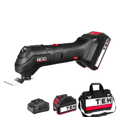 TEH LOM30 20V cordless oscillating multi-tool, battery, charger and carry bag, TEH logo, black, red and white color.