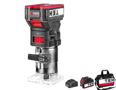 TEH Professional 20V Cordless Trimmer LT606 with battery, charger and bag, featuring red, black and silver colors and a clear base.