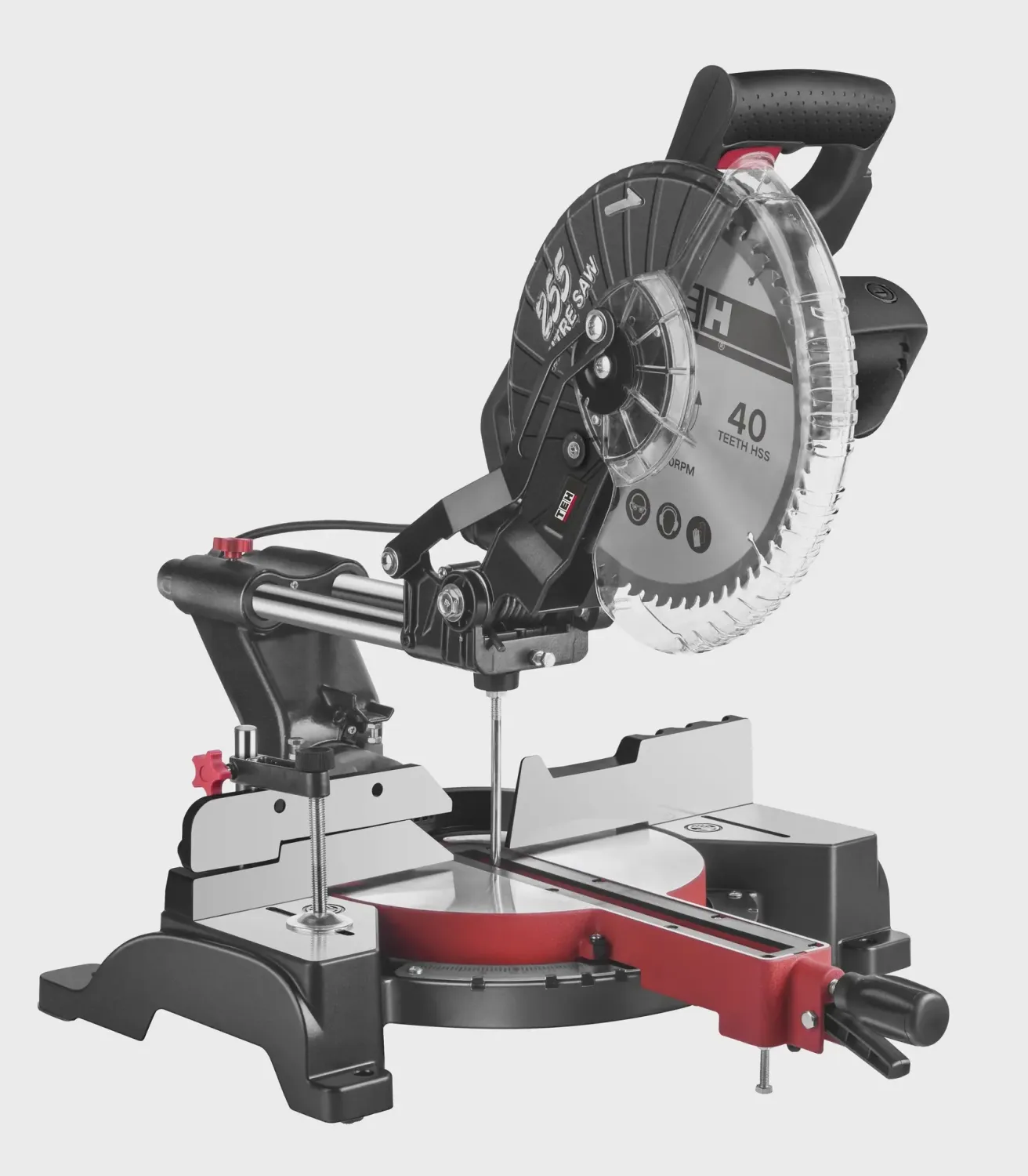 TEH 255mm 10" black and red sliding compound mitre saw with 40 teeth HSS blade and single bevel 45° on a white background.