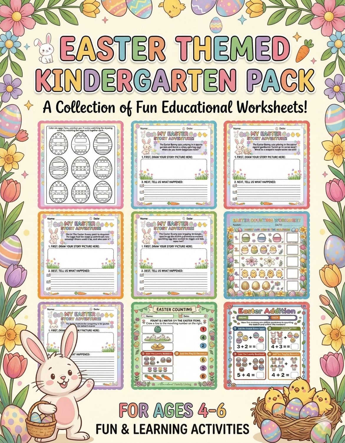 Cover image for an Easter themed kindergarten pack showing a preview of fun educational worksheets for ages 4 to 6, including