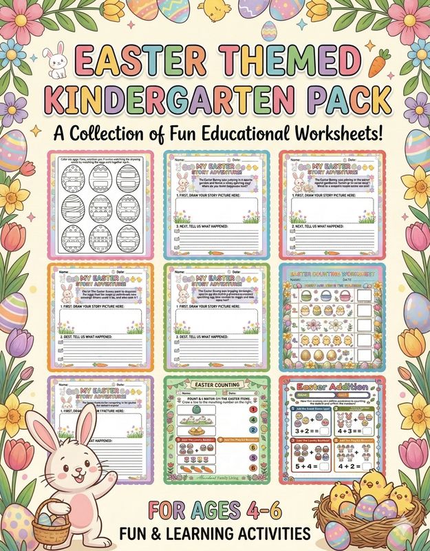 Cover image for an Easter themed kindergarten pack showing a preview of fun educational worksheets for ages 4 to 6, including