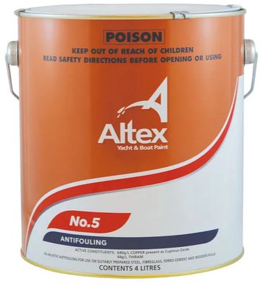 Altex No.5 Ablative copper based antifouling for use on suitably prepared steel, fibreglass, ferro and wooden hulls. High cuprous oxide content gives excellent performance