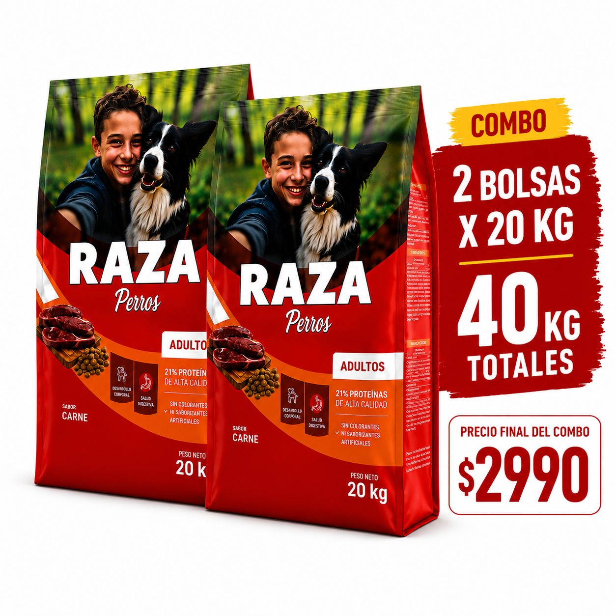 RAZA Combo Perros Adultos Sabor Carne 40kg
